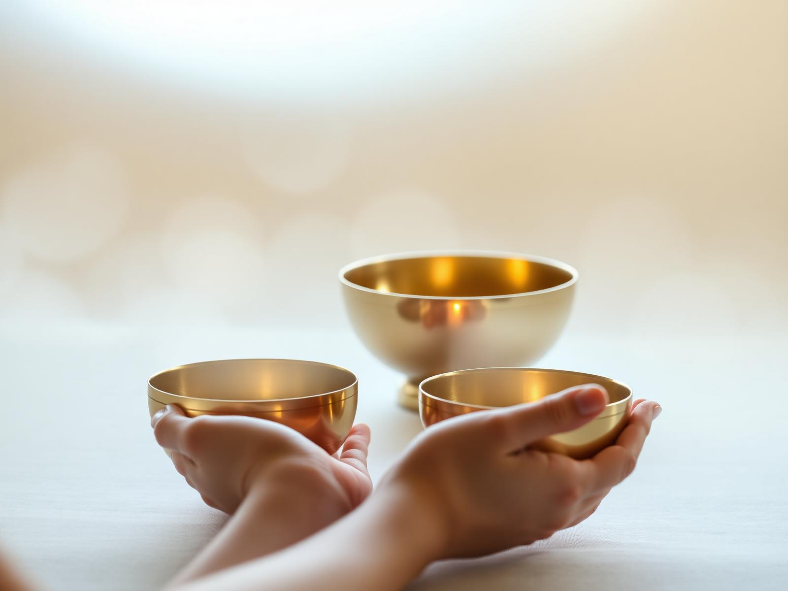Golden singing bowls held gently in cupped hands, sound healing session
